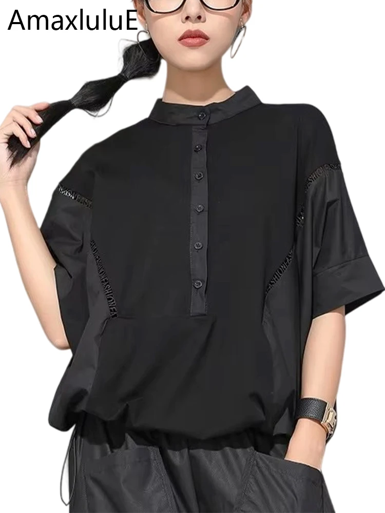 AmaxluluE 2025 letnia koreańska moda damska patchworkowa koszulka koszule damskie w stylu Punk czarne t-shirty damskie ponadgabarytowe bawełniane topy
