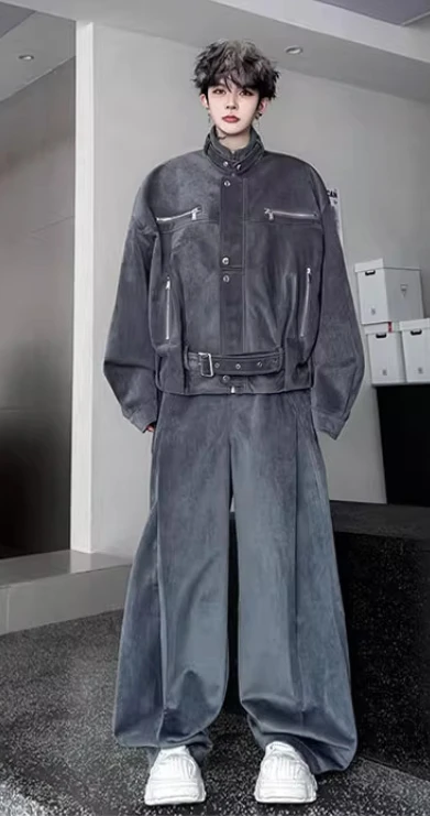 الرجال 2025 شتاء جديد متعدد سستة تصميم الوقوف طوق سترة مجموعات الرجال موضة واسعة الساق السراويل الطويلة سميكة قطعتين مجموعات