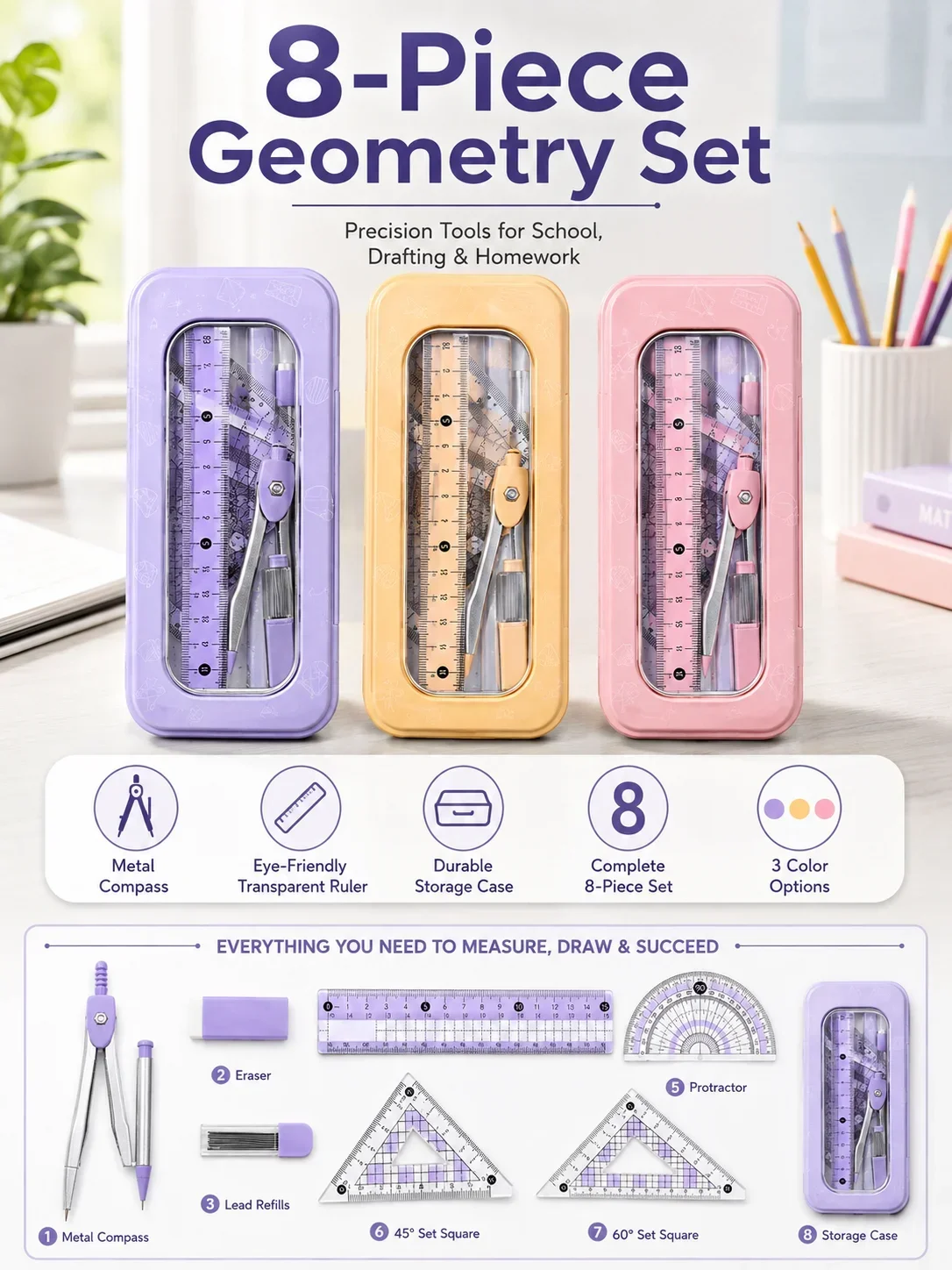 학생용 8종 수학 기하학 세트, 컴퍼스, 각도기, 자, - Math Geometry Set With Compass 리뷰 및 가격