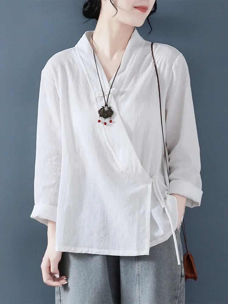 Loose Fit Long Sve Cotton Linen irt Chinese Sle Button up Top Vintage Side Buttoned irt Women's Busin Casual irt