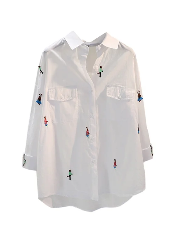 트렌디한 자수 만화 캐릭터 면 린넨 여성용 루즈 캐주얼 화이트 셔츠 한국 스타일 예술적 봄 가을 신상품