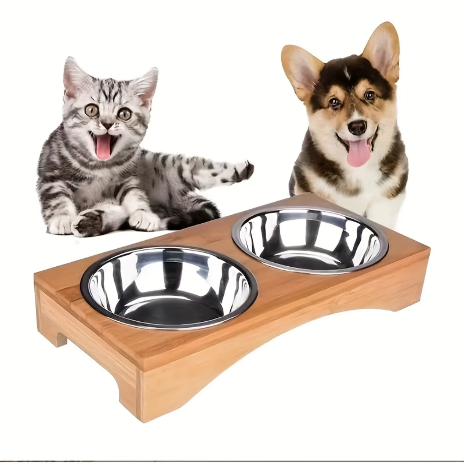 Feeding And Watering Set With One Bamboo Tray And Two Bowls, Durable Ceramic Bowl, Leak Proof, Suitable For Feeding Small Cats A