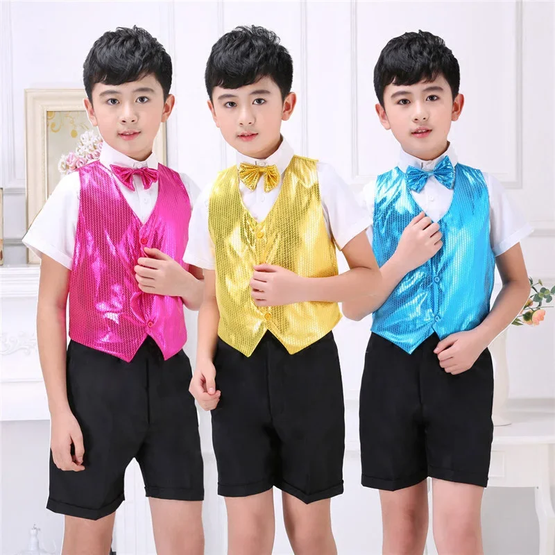 Hip Hop Dance Costumes Boys Jazz Set Sequined Vest White Shirt Black Shorts Dancing Suit Kids Children Stage Show Wear