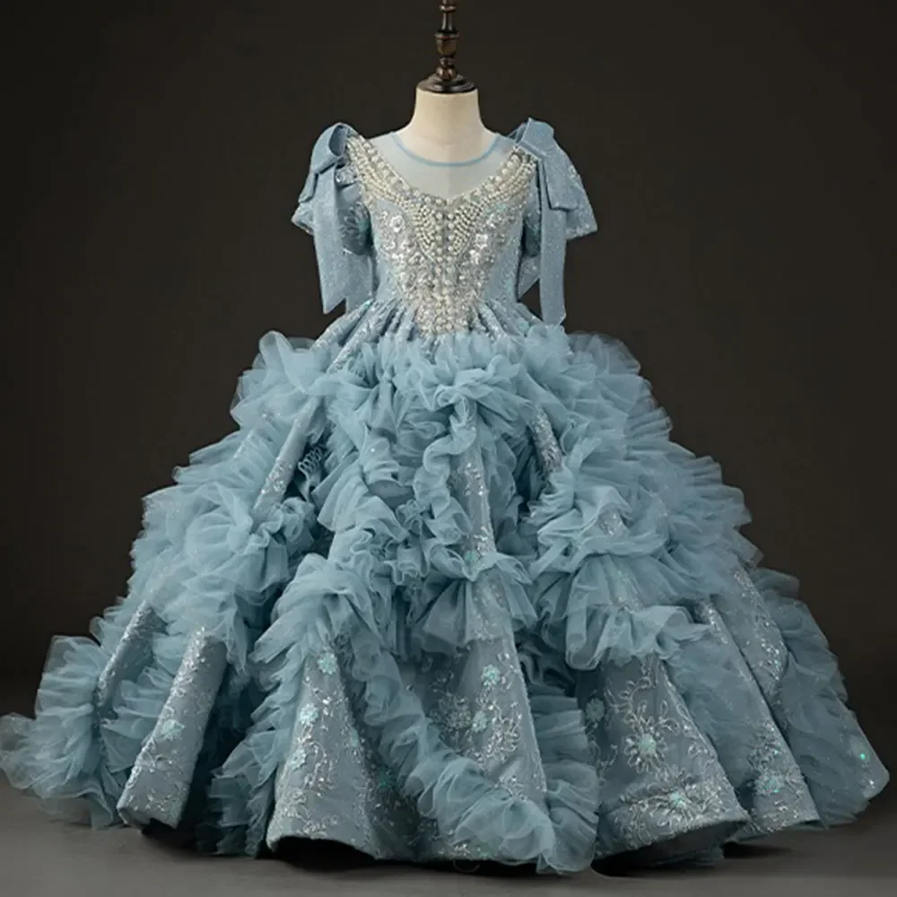 Light Blue Flower Girl Dress Ruffled Tulle Ball Gown Beaded Embellished Wedding Gown First Christmas Party Dress For Girlsفسا