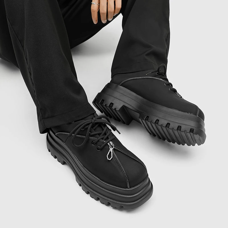 

Casual oes Men's Zipper Design Thi Bot Heightening Leather oes Briti Sle round Toe Leather Upaded Version