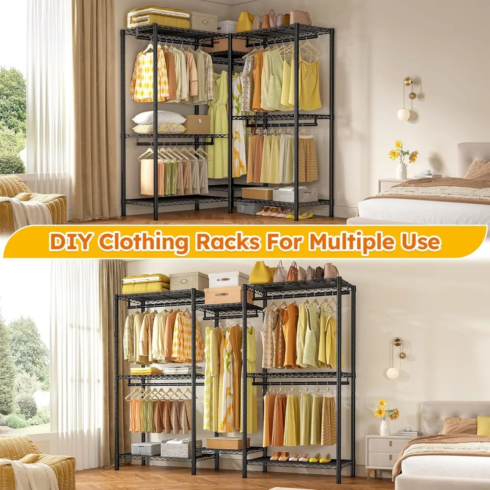 رف ملابس عالي التحمل قابل للتعديل مع أرفف لتعليق الملابس، أقصى حمولة 90 رطل، حل تخزين الملابس موفر للمساحة