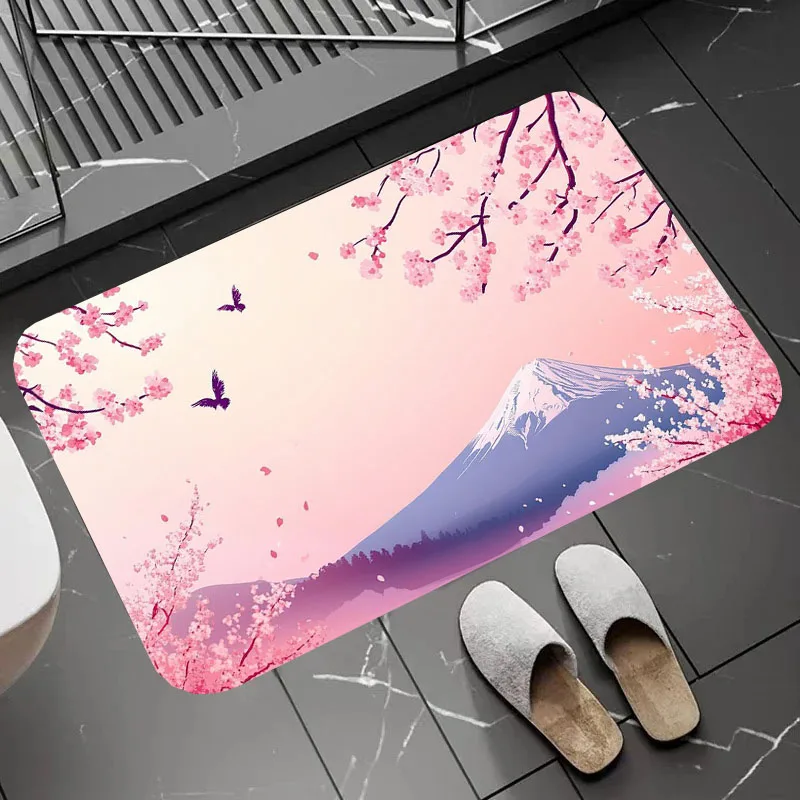 

Beautiful Fuji Mount and Cherry Blossom Bathroom Doormat No-silp Flannel Shower Pad for Home Decoration Accessories Floor Carpet