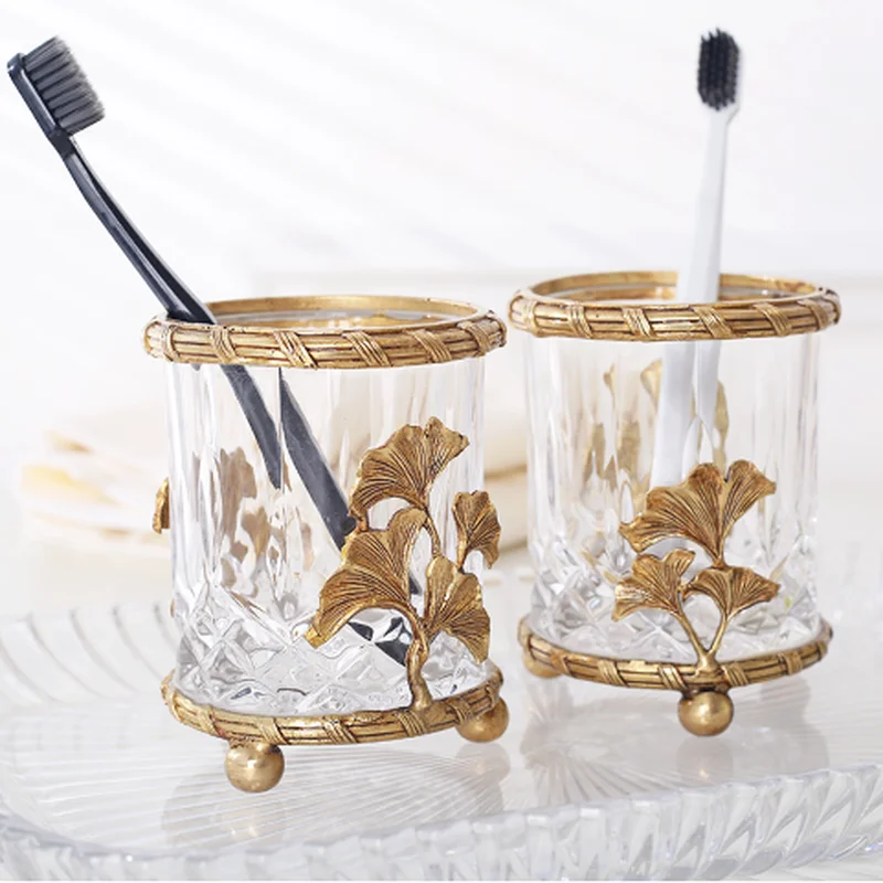 

Brass Glass Storage Bucket Pen Holder Cup Cosmetic Brush Bottle Home Desktop Organizer Decorative Jar