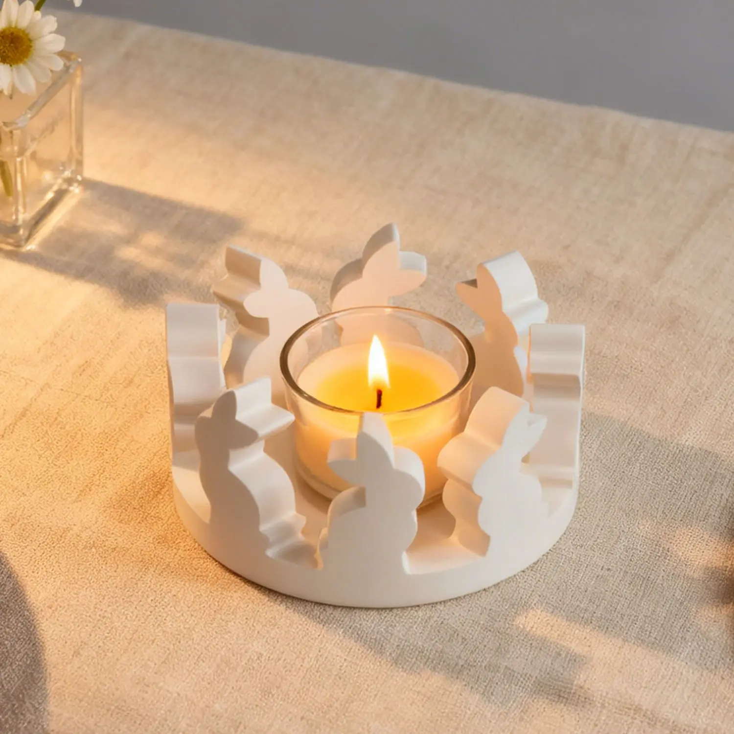 DIY Easter Bunny Round Candle Holder Resin Mold, Plaster Bunny Decoration Silicone Mold for Desktop Storage