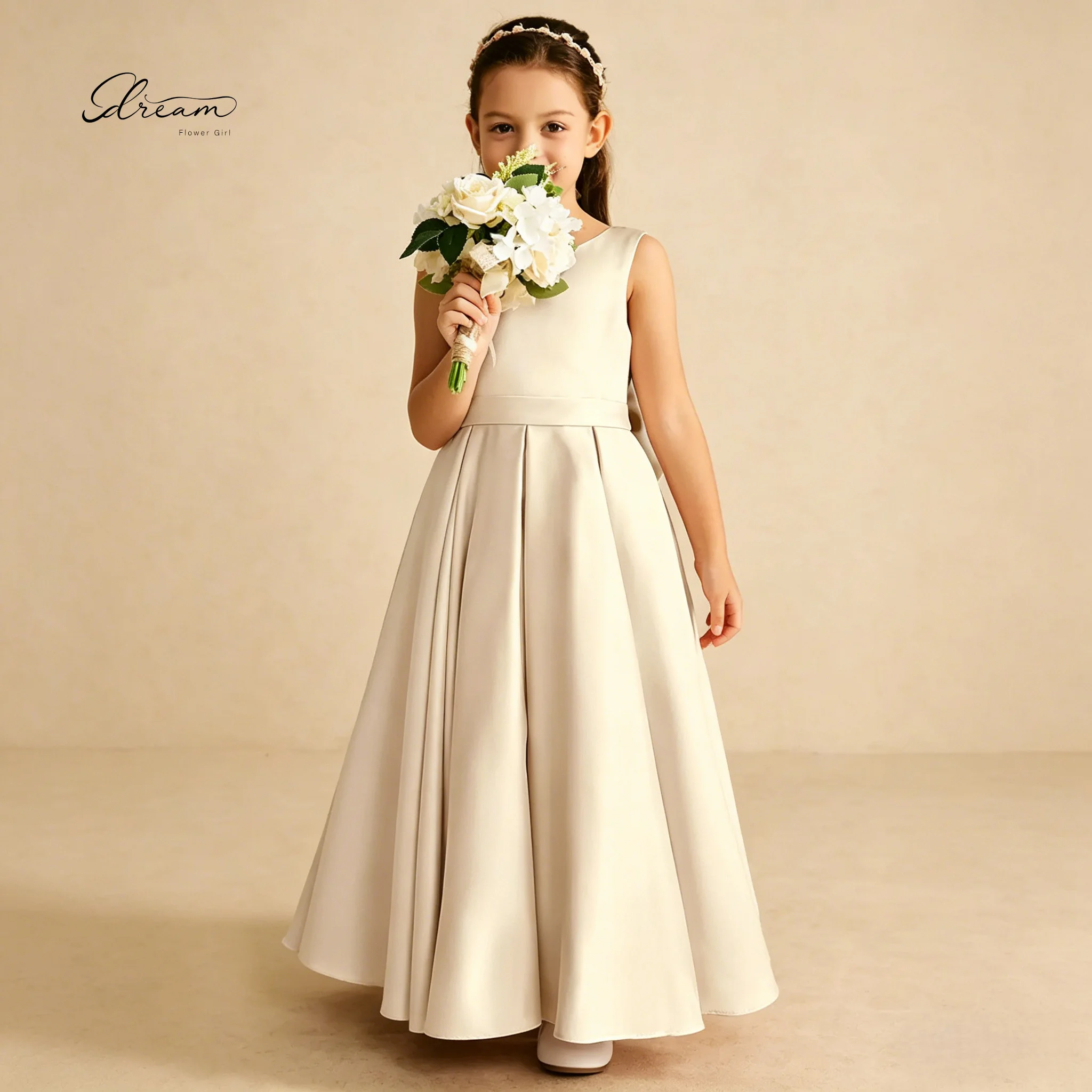 

Champagne Satin Flower Girl Dress Formal Dress Large Back Bow Floor Length Sleeveless Kids Wedding Brithday Dress A-line