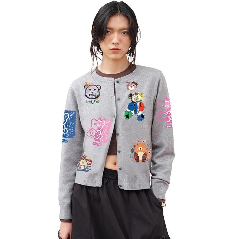 Dámský zvířecí kardigan s broží a medvědem, psy, králíky, slonem a husou, kulatým výstřihem, vlněný svetr s dlouhým rukávem a otevřeným knoflíkem - náhled 4