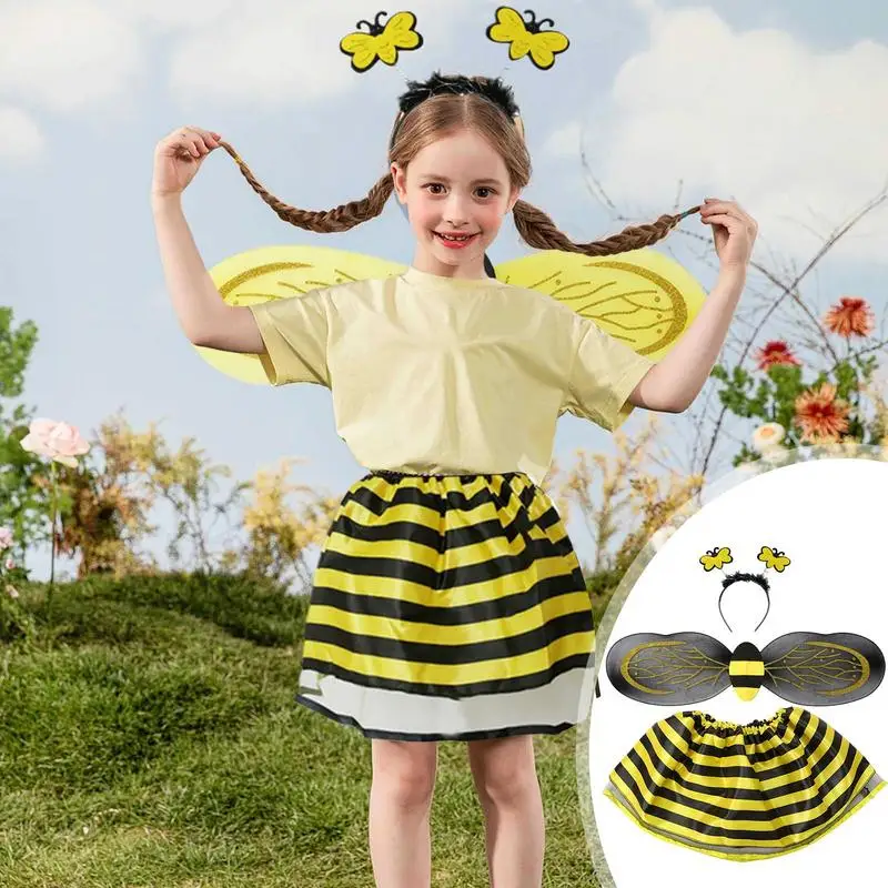 Bee Costume Kids Fancy Dress up with Wings Headband Wand Cute Halloween Accessories Pretend Play Costume Set for Kids Girls