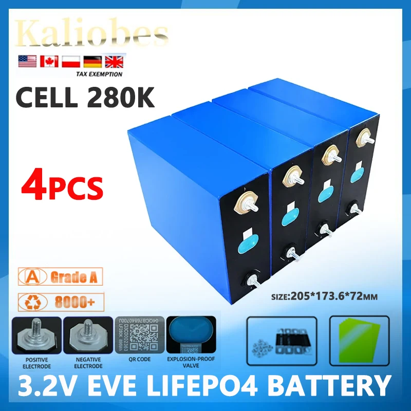 4 pieces  EVE 3.2V 280AH Lifepo4 rechargeable battery pack A grade lithium iron phosphate prismatic solar power EU US duty-free