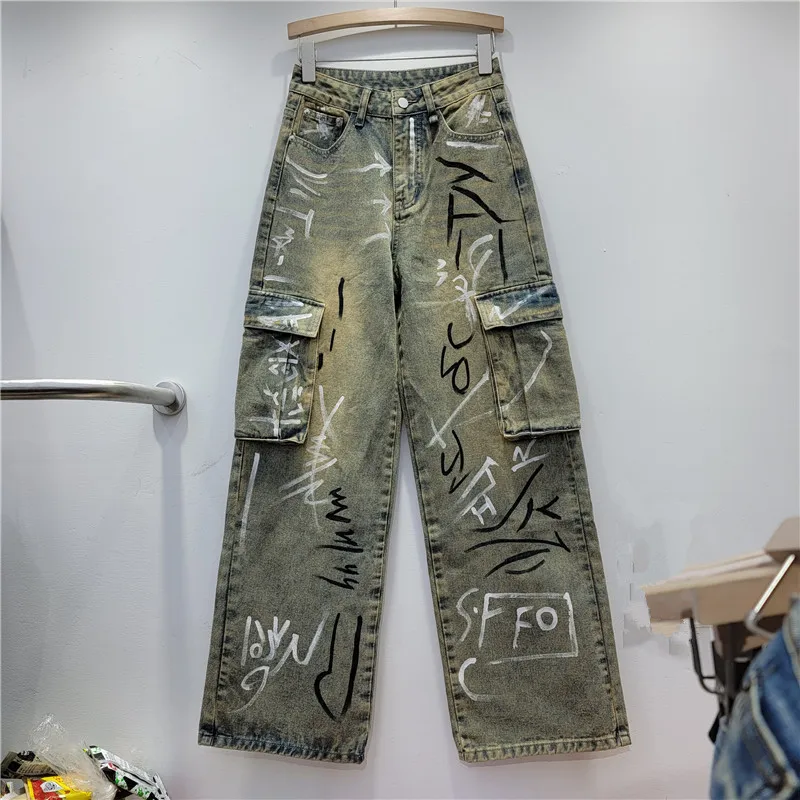 Letter Graffiti Jeans For Women High Waist Pocket Patchwork Wide Leg Denim Pants 2023 Autumn Winter New X564