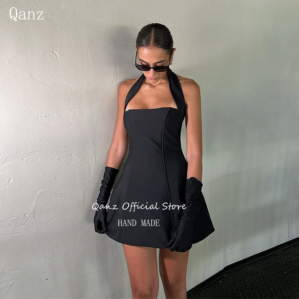 Qanz Black Mini Cocktail Dresses Halter Neck No Gloves Satin Birthday Party Dresses Lace Up Back Modern Prom Dresses Customized