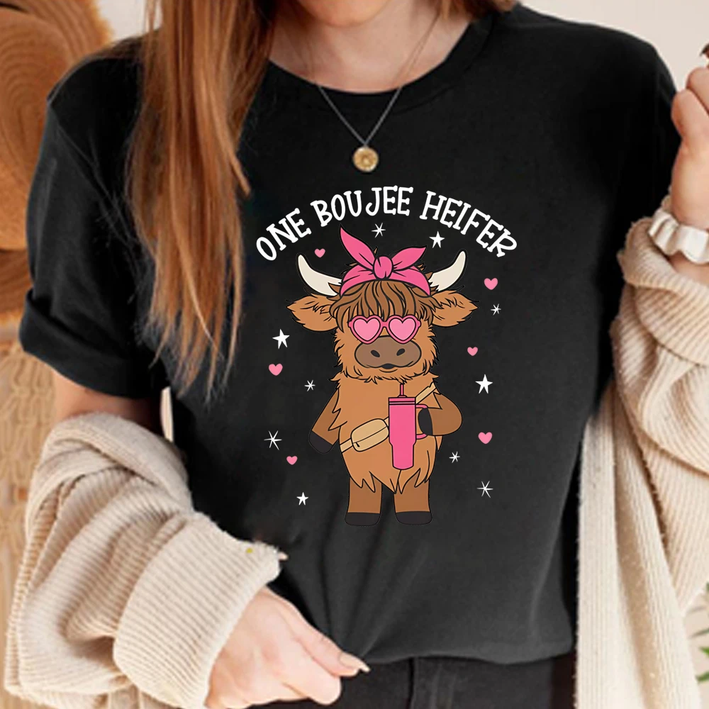 Heifer Valentine T Shirt Highland Cow Valentine Print Short Sleeve Shirt Valentine Day Western Country Shirts Love Cow Tops