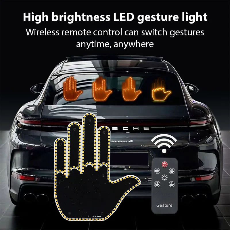 Car LED Illuminated Gesture Light Car Finger Light With Remote Road Rage Signs Middle Finger Gesture Light Hand Reminder Lamp