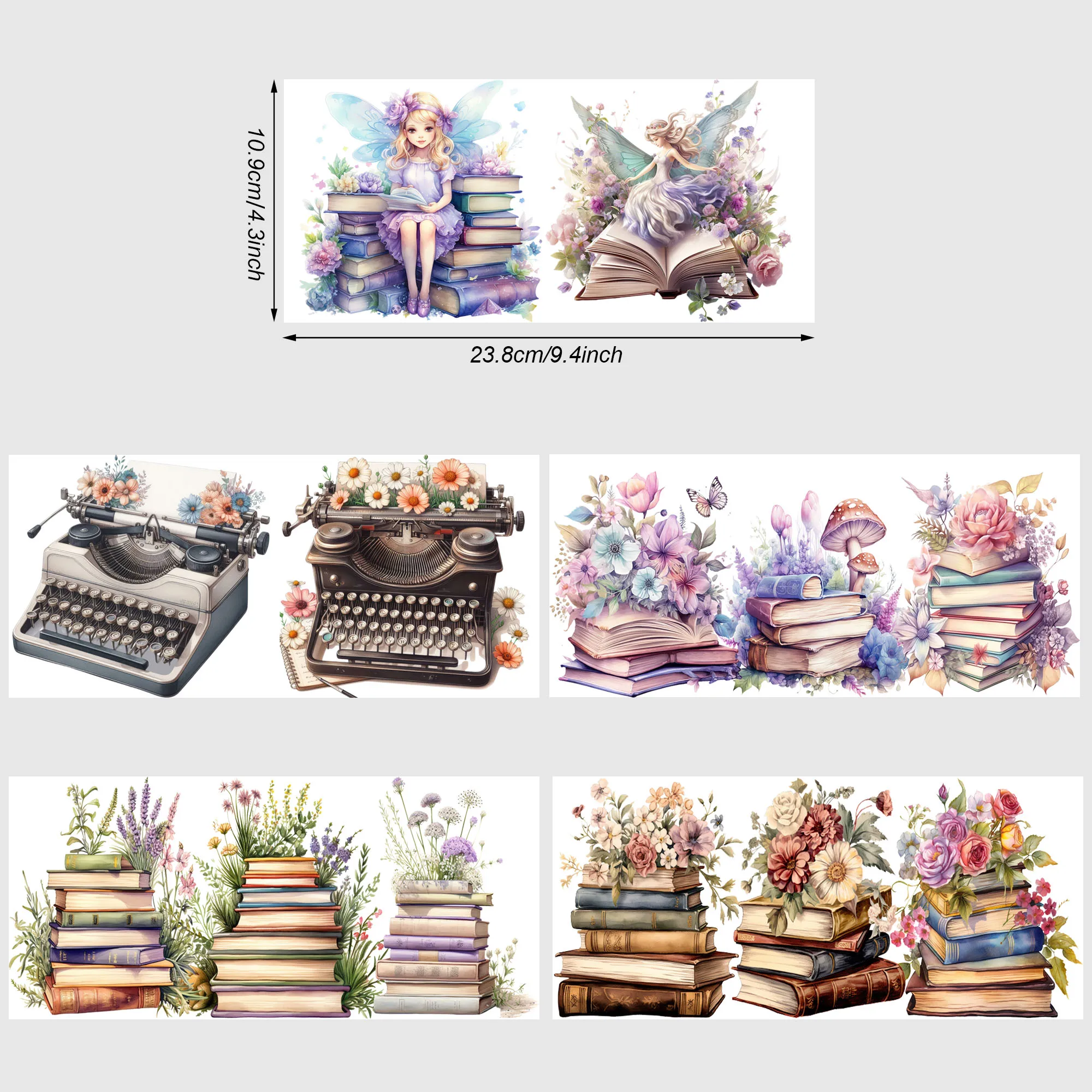 5 Sheets Book and Flower UV DTF Cup Stickers, Glass DTF Transfer Stickers, Waterproof Wipe Transfer Paper for 16 oz Glass, Mugs