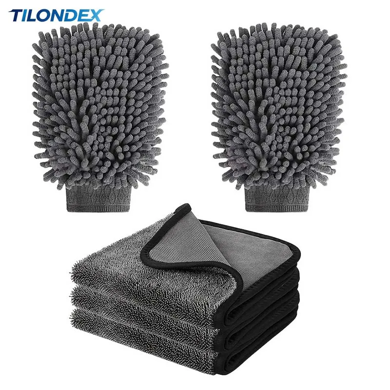 TILONDEX  Double Sided Chenille Car Wash Mitts Microfiber Drying Towel Lint Free Scratch Resistant Auto Wash Kit