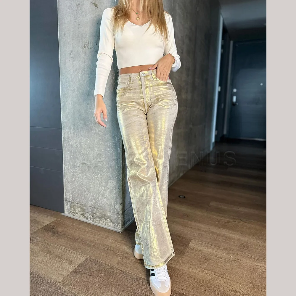 Metallic Denim Gerade Jeans Breites Bein Frauen Hohe Taille Lose Hosen Y2K Oversize Denim Hosen Hip-hop Streetwear