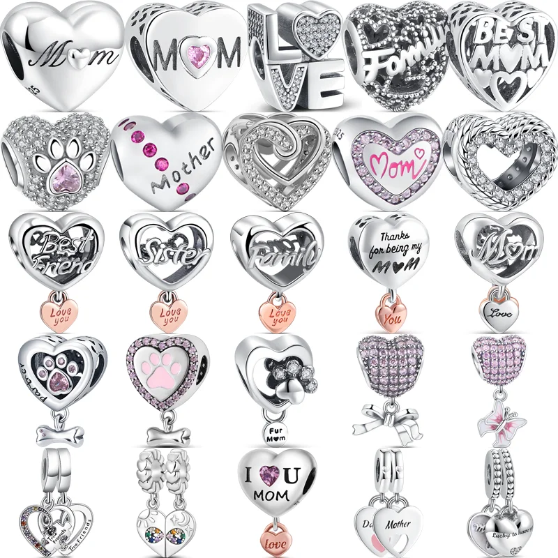 

100% 925 пробы серебряные бусины с надписью Love Mom Friend дружба лапа Pink Heart для оригинальных браслетов Pandora с подвесками ювелирные изделия