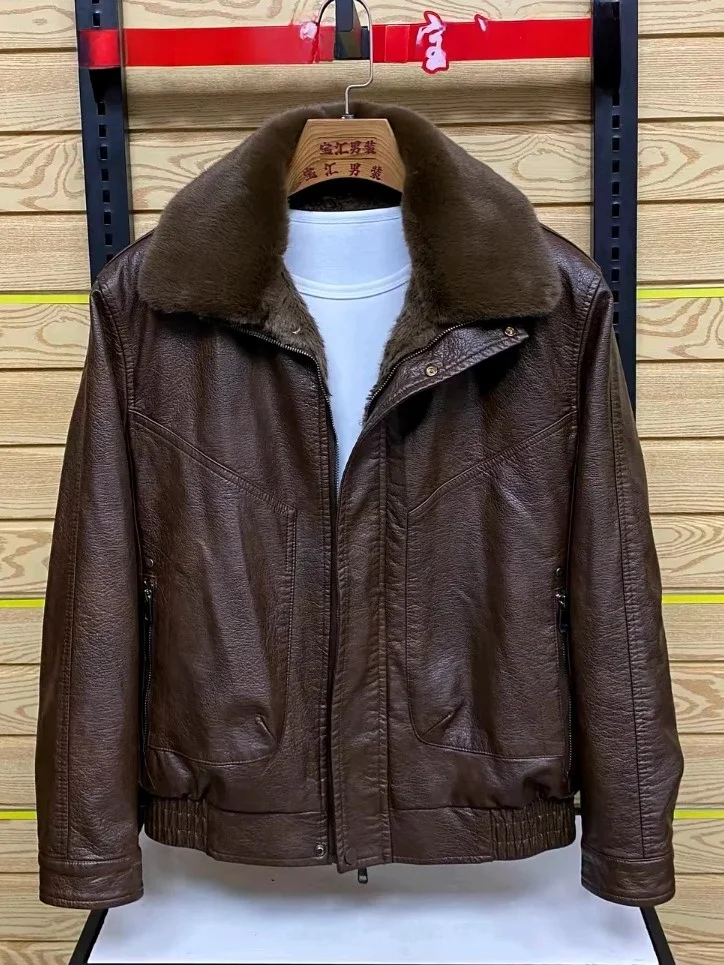 

Men's PU Leather Fce Lined Jaet Winter Warm Busin Casual Collar Coat Stand Fit Long Sve Zipper Closure No Hat