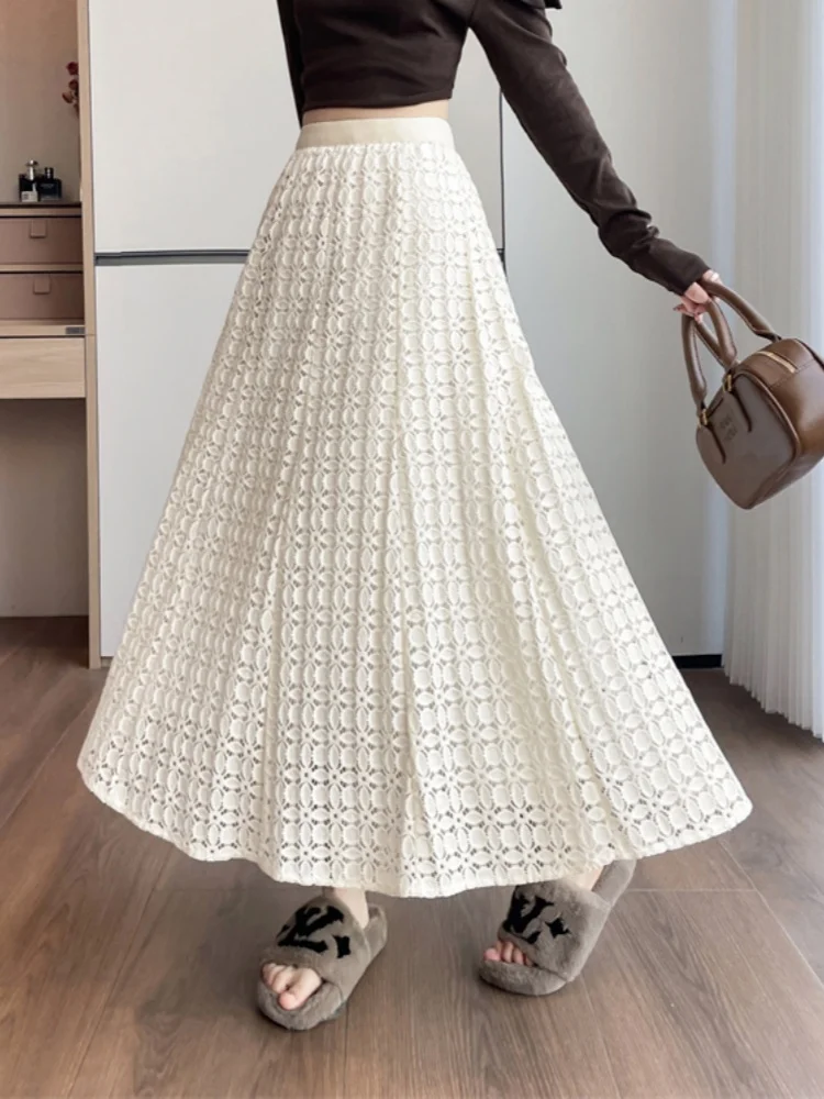 

2025 New Winter Thickened High Waist Lace Splicing Velvet Medium A-line Skirt Women's Elastic Waist Large Swing Umbrella Skirt