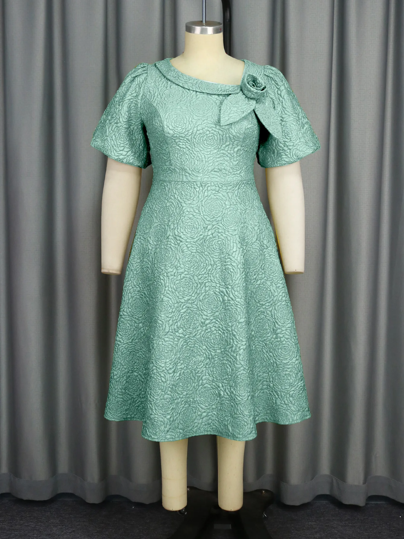 Übergröße Jacquard Midi-Kleid Damen Puffärmel 3D Blumenmuster Schleifenkragen A-Linien-Kleid Afrikanisches Elegantes Hochzeits- und Partykleid – Detail 12