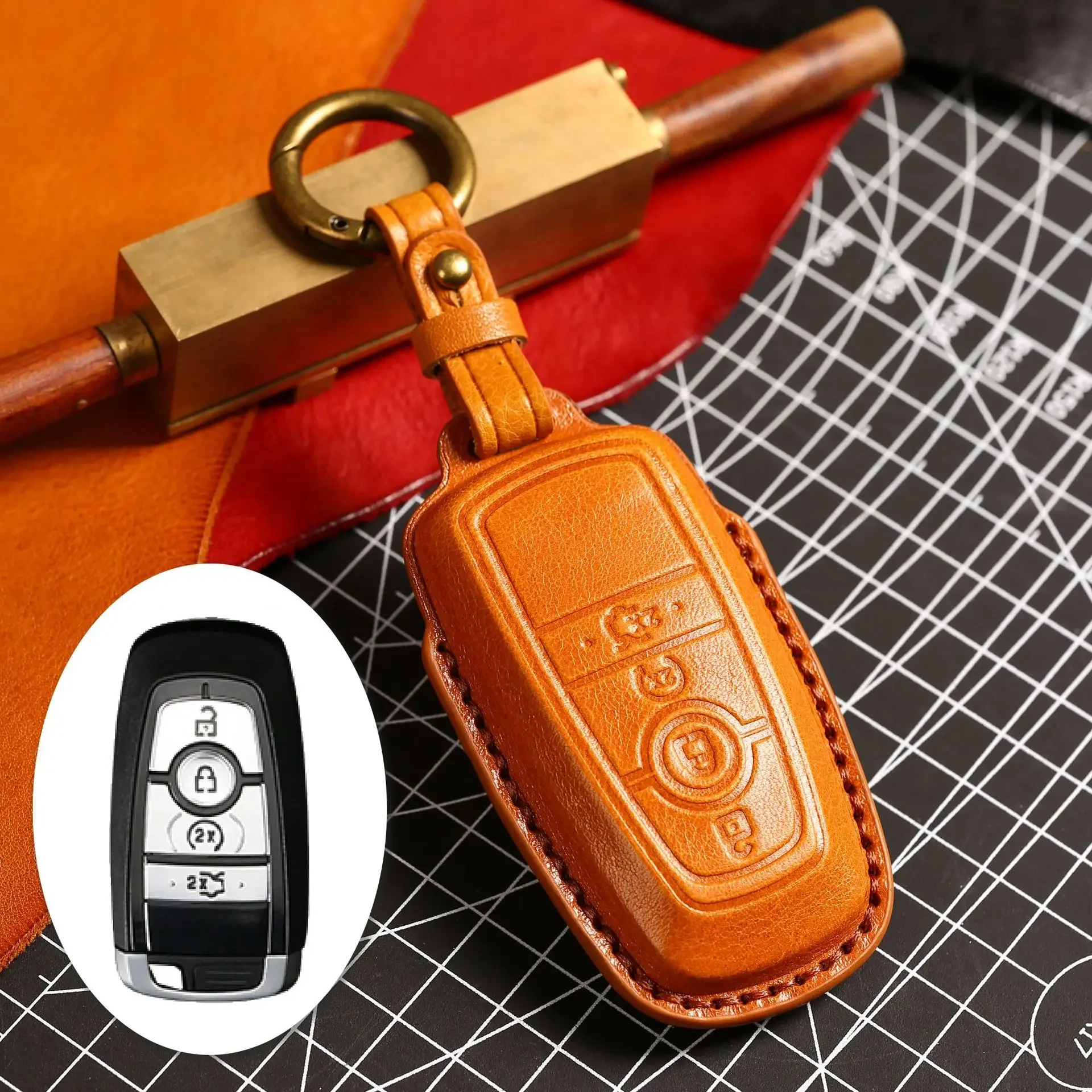 

1pc Genuine Leather Car Remote Key Fob Cover Key Case For Ford Mondeo Fusion F150 Mustang Explorer Edge Ecosport F-150 F-250