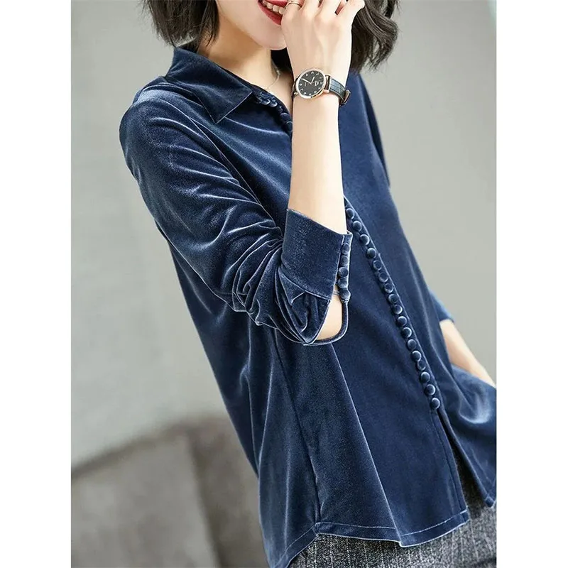 Golden Velvet Shirt Fashion Women Tops 2023 Spring Autumn New Loose Long-Sleeved Retro Coat Lapel Bottoming Shirt Female Blouse