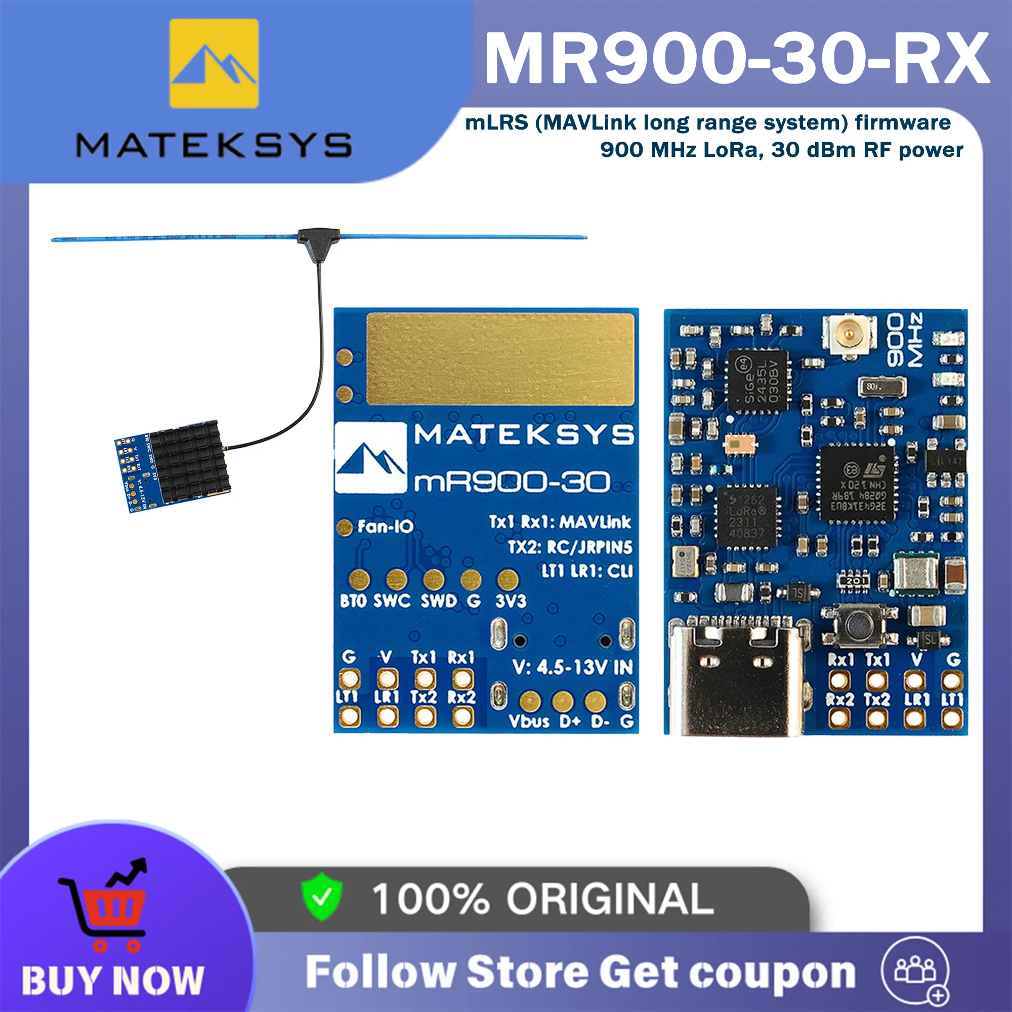 Mateksys Matek Systems MR900-30 RX TCXO mLRS MAVLink 900MHz Receiver 868MHz 915MHz FCC RECEIVER 30dBm RF power For Long Range RC