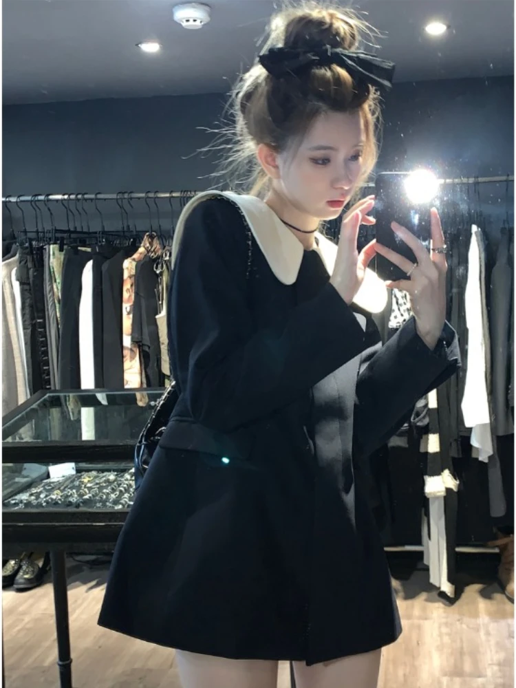 Korobov French Hepburn Style Blazer Mujer Age Reduction Doll Collar Coat Female Outerwears Medium Length Slim Temperament Jacket