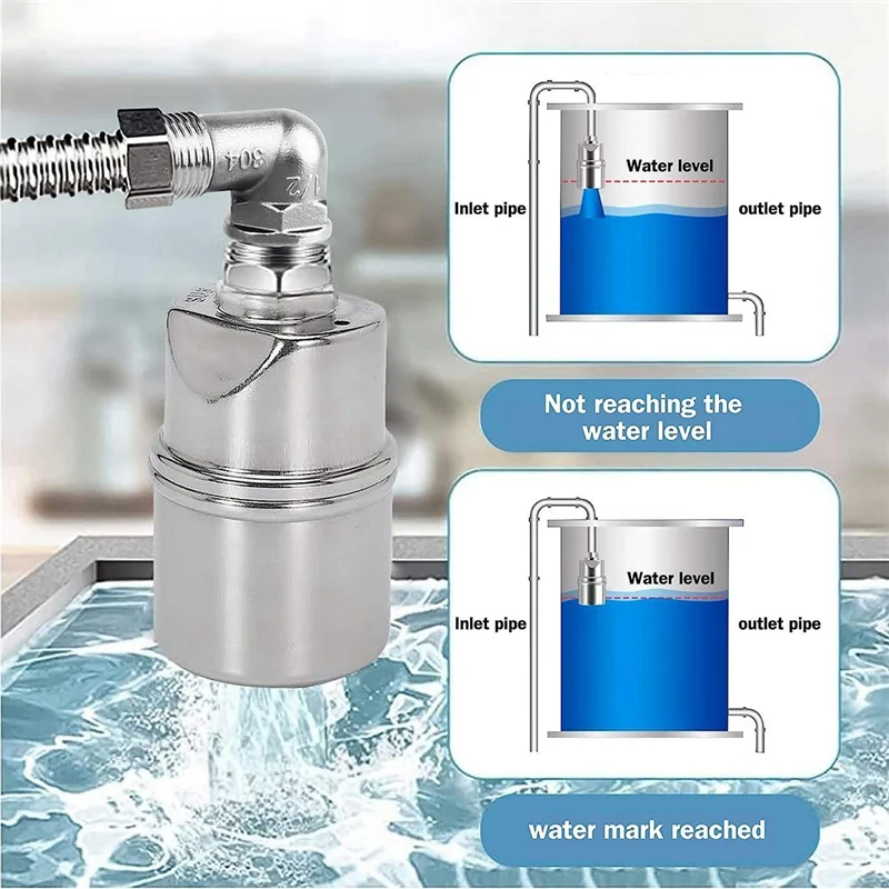 Válvula de control de nivel de agua automática, válvula de bola flotante de acero inoxidable de 1/2 pulgada apta para codo de piscina de tanque-AA26