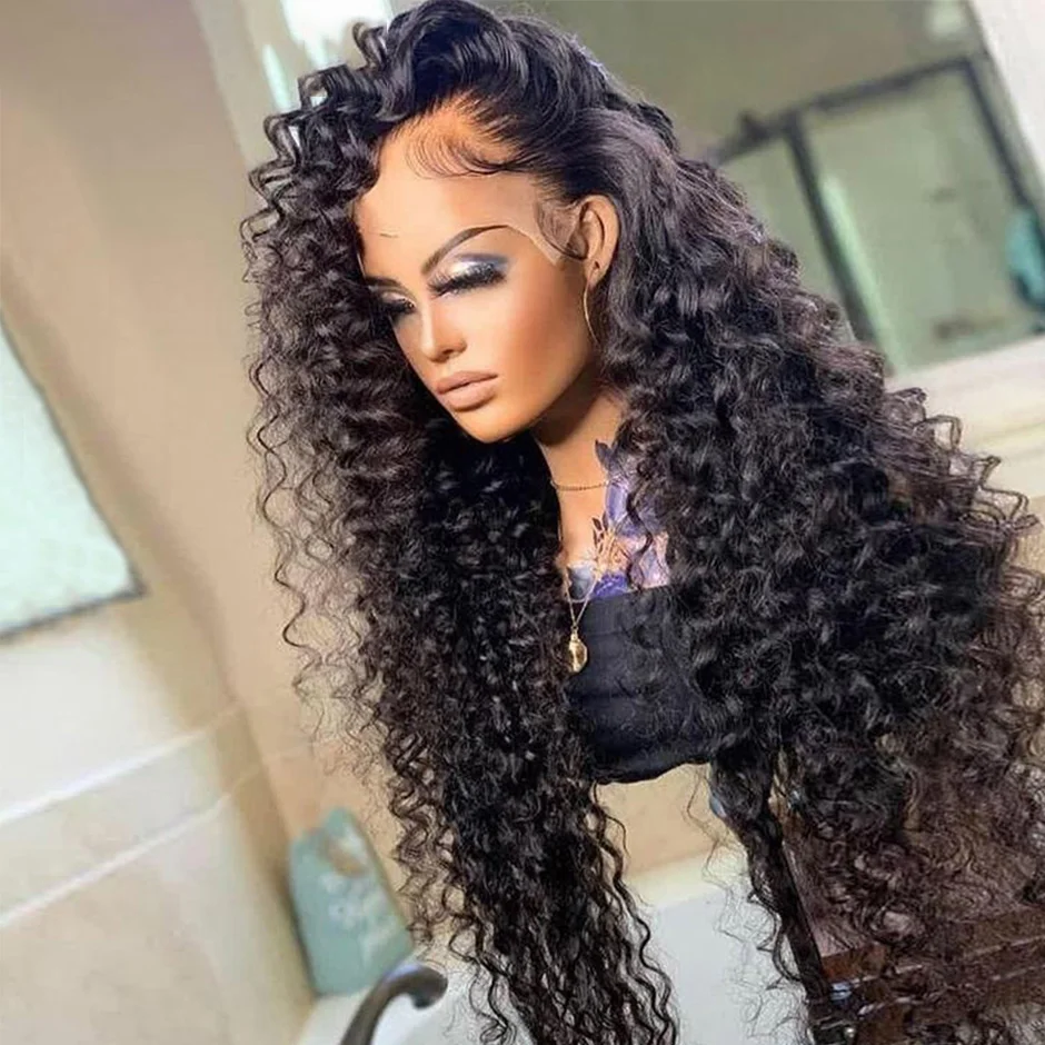 Preplucked Soft 26Inch Long Black Kinky Curly 180Density Synthetic Deep Lace Front Wig For African Women Babyhair Daily Cosplay