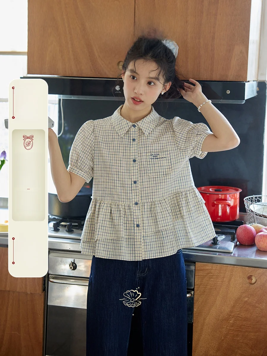 

Nov Et Plaid Doll Embroidery Bubble Sve Women's irt Vintage Loose Fit Cotton Polyester Blend ort Sve Button up