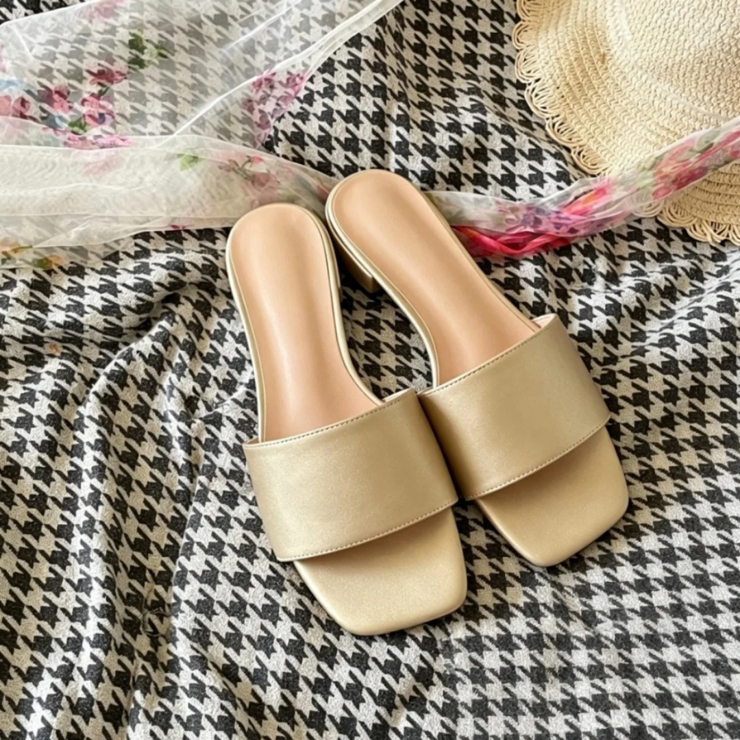 Luxury Brand Women's Shoes Handmade Square Toe Low Block Heel Slide Sandals Mules Slipon Casual Beach Slippers Holiday Gifts
