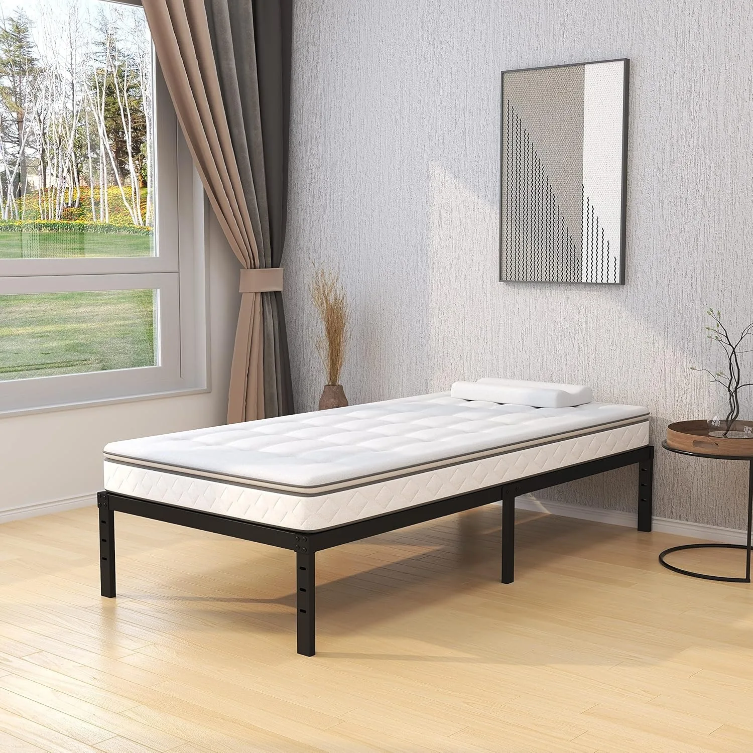 16 inch twin bed frame without box spring, metal platform, with 14 inch storage space, 2500 pound steel bar support, black image 5