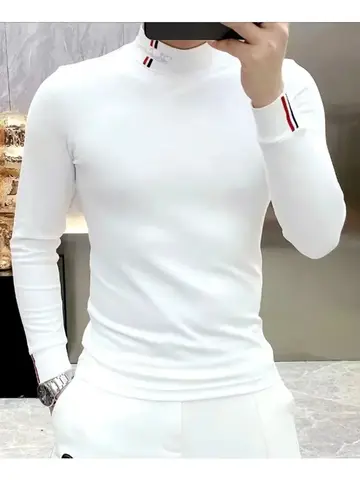 Autumn New Men Chic Thicken T-Shirts Thermal Half High Collar Bottoming Cootrast Color Long Sleeve Elastic Slim All-match Tops