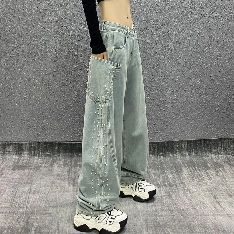 Side Pocket Design Beaded Denim Scimitar Pants Women Spring Summer New Niche High Waist Loose Slim Versatile Straight Pants