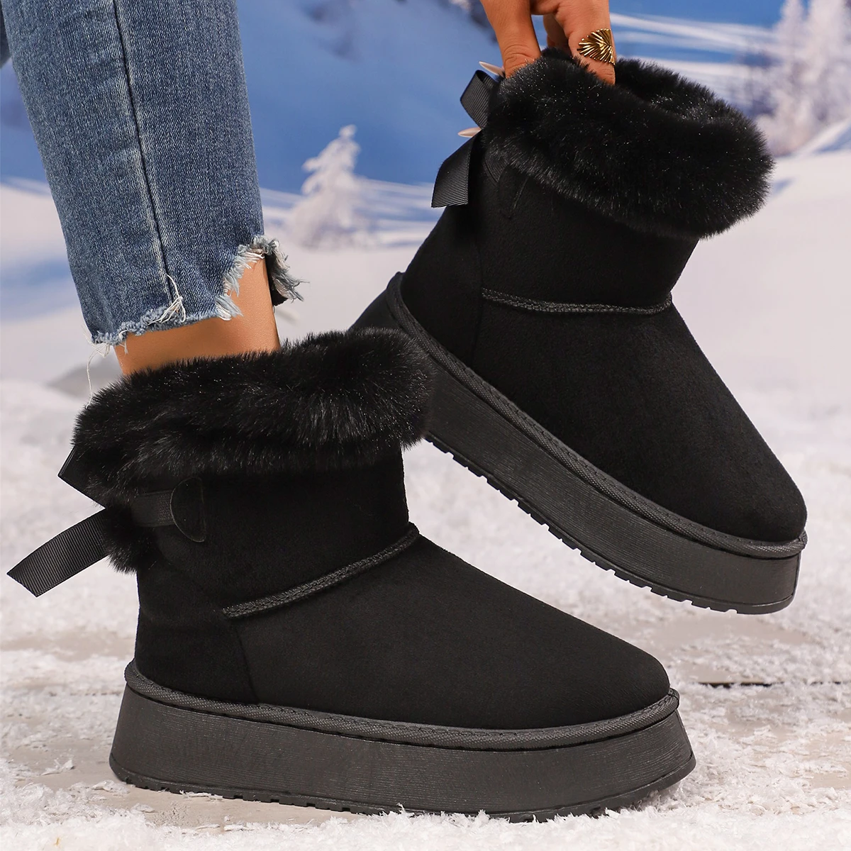 المرأة الجديدة المألوف القوس جولة تو أنيقة الثلوج أحذية النساء الشتاء شقة مقاومة للاهتراء لينة الدافئة النساء أحذية Zapatos De Mujer #5