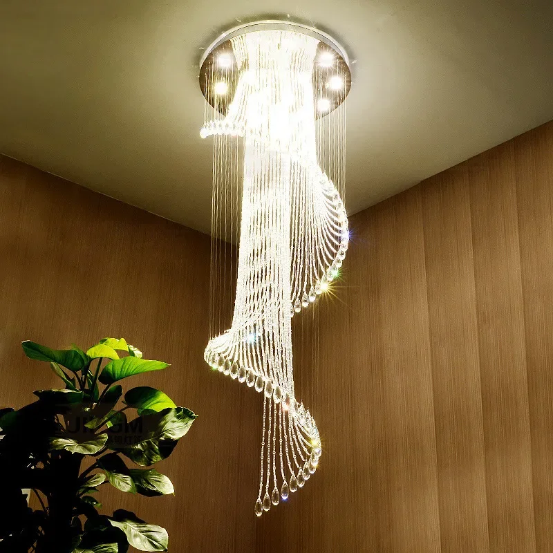 Modern Simple Crystal Stair Chandelier for Villa Loft Duplex Hollow Ceiling Rotating Living Room Light Fixture Atmosphere