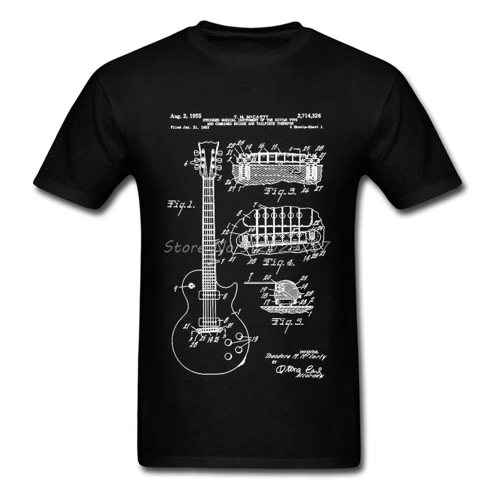 Patent Acoustic Electric Guitar Structure Men's Top T-shirts Theory Illustration Print Gift Tshirt Hip Hop Rock Strings Music