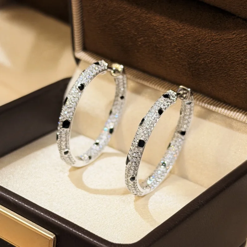 Bellux 925 Silver Synthetic Zircon Black and White Full Diamond Leopard Print Round Hoop Earrings Light Luxury Fine Jewelry
