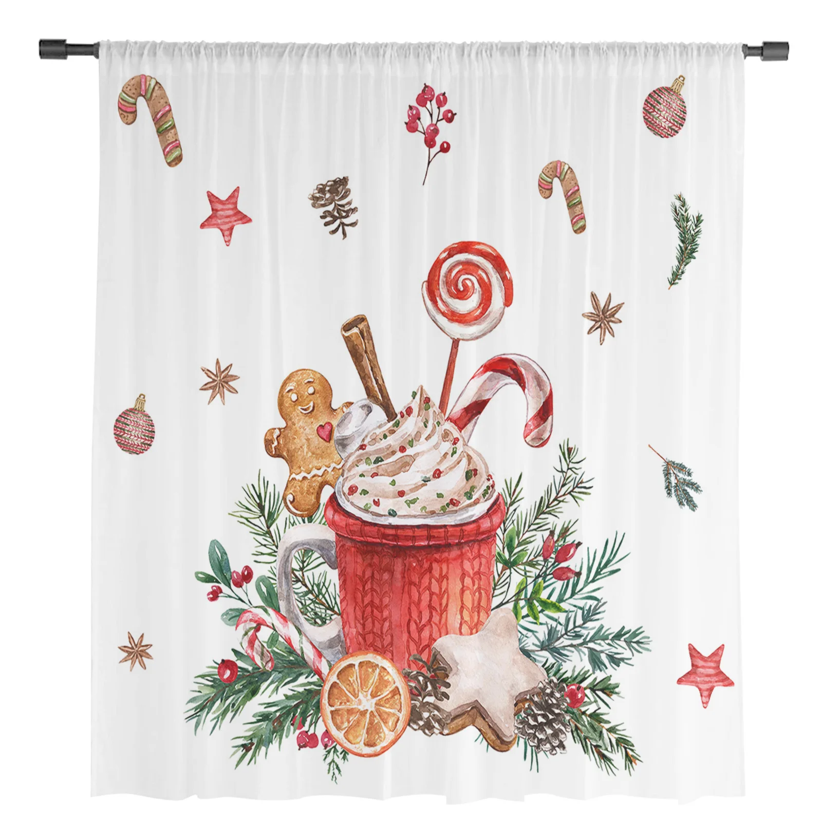 Christmas Poinsettia Gingerbread Man Sheer Curtains Christmas Home Decorations Window Tulle Curtains for Living Room Bedroom