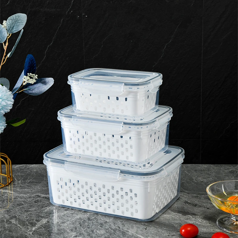 1/2/3Pcs Refrigerator Preservation Storage Box Drain Basket Storage Containers Sealed Box Vegetable Fruit Food Grade Drain Box