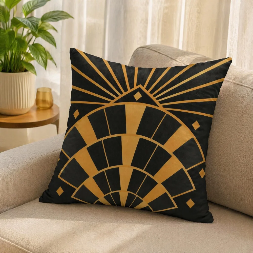 Black Gold Sunburst Geometric Square Throw Pillow Soft Skin Friendly Insert Included Hidden Zipper Decorative Seat Sofa Cushion