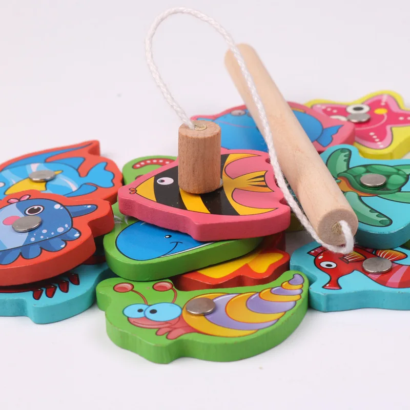 モンテッソーリ木製磁気釣りゲーム、マグネット魚キャッチパズル、子供向け知育玩具、運動能力トレーニングトイ