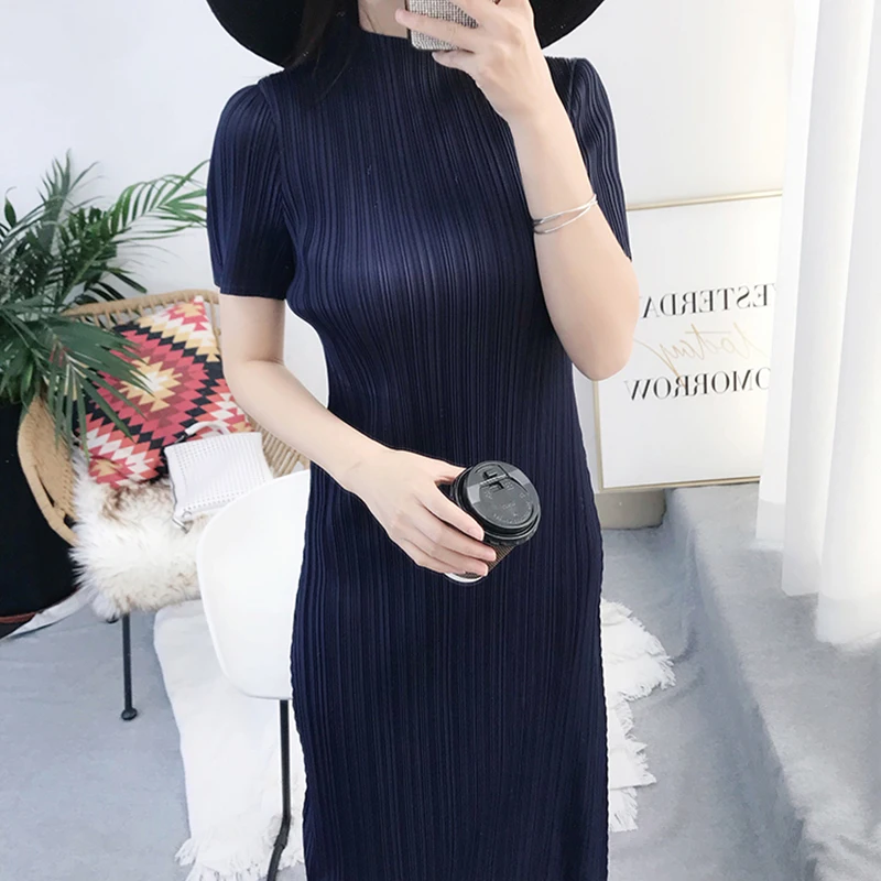 YUDX Miyake Pleated Women Dress 2025 Retro Style Summer Elegant Casual Basic Turtleneck Sleeve Long Dress Aesthetic Clothing