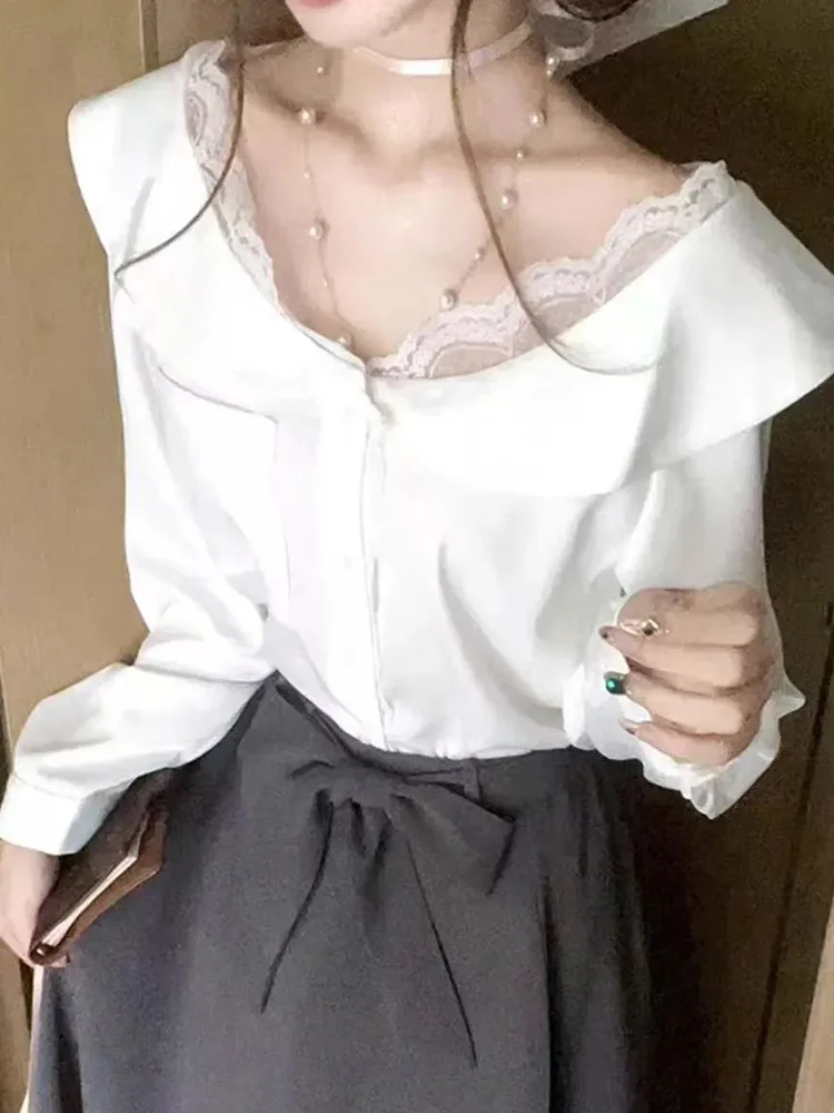 

Новая элегантная женская блузка с кружевными вставками, приталенная, с длинным рукавом, в корейском стиле, с милым воротником Питер Пэн, весенний топ
