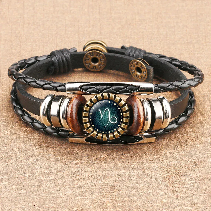 Vintage 12 Zodiac Constellation Bracel Braided Faux Leather Bracelets Male Punk Wristband Bangle Fashion Jewelry Gift